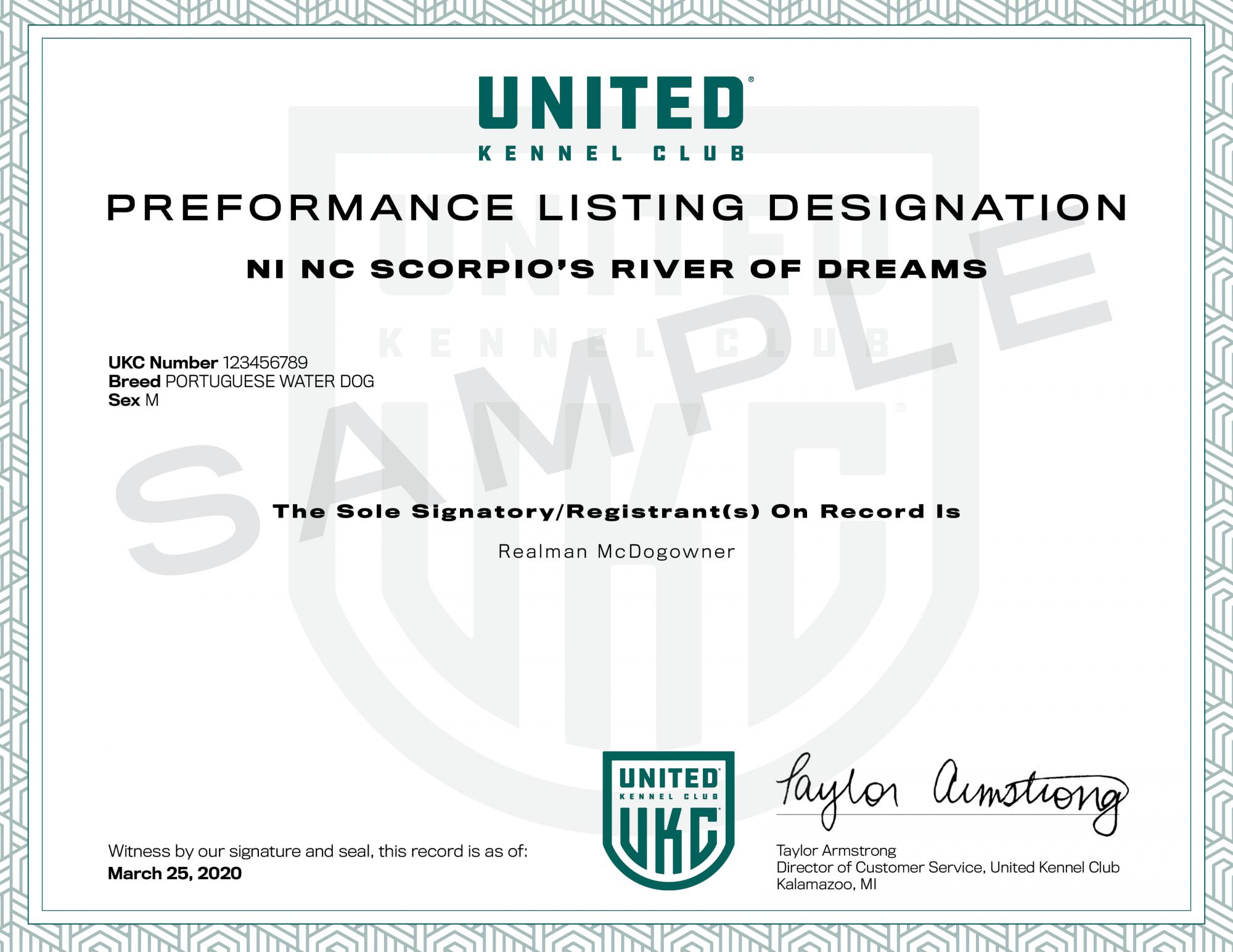 Performance Listing Cert sample